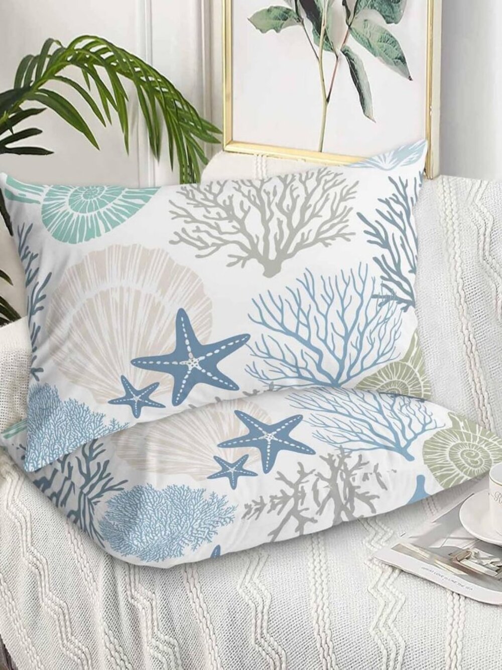 Coastal King Pillow Cases Set of 2 - Nautical Blue Teal Coral Microfiber Covers